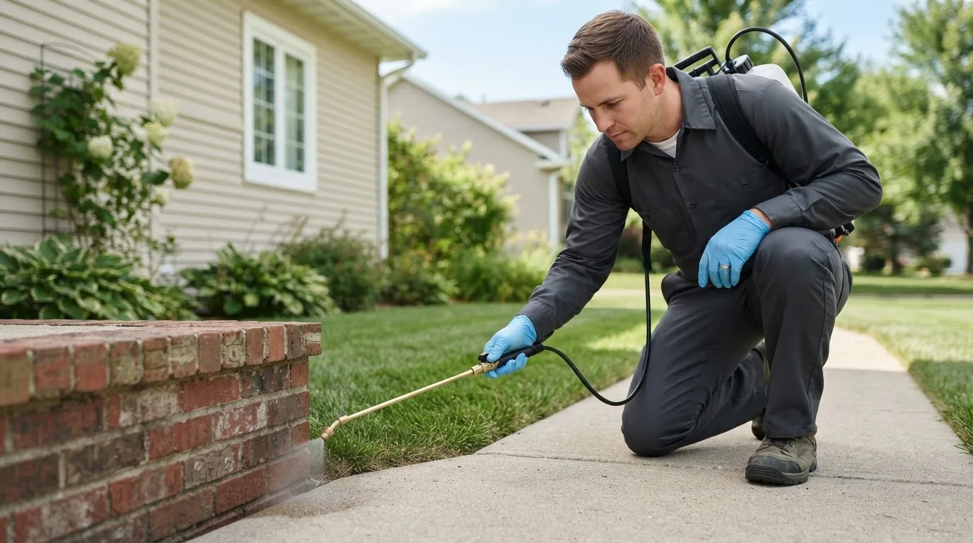 Pest control technician treating a home near Pearl City, IL