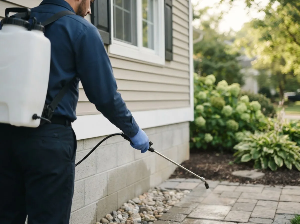 Pest control technician inspecting a home in Pearl City, IL